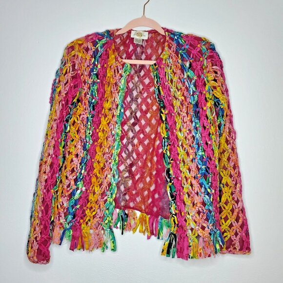 Sandy Starkman Jacket Size Small Women Pink Knotted Weave Fringe Boho India - Picture 12 of 12